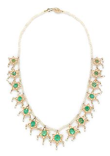A Yellow Gold, Emerald, and Seed Pearl Fringe Necklace,