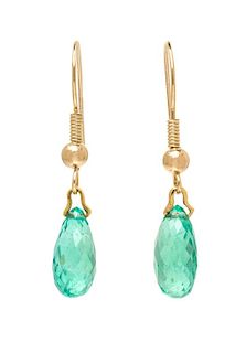 A Pair of 14 Karat Yellow Gold and Emerald Drop Earrings, 1.80 dwts.