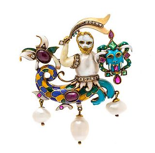 * An Antique Yellow Gold, Cultured Baroque Pearl, Ruby, Diamond, Emerald and Polychrome Enamel Merman Brooch, 30.80 dwts.