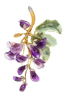* An 18 Karat Bicolor Gold, Amethyst, Hardstone and Diamond Flower Brooch, Austrian, 35.00 dwts.