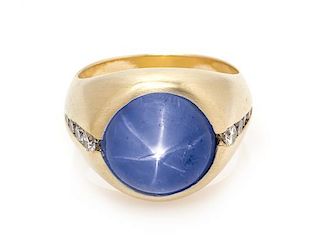 A Yellow Gold, Sri Lanka Star Sapphire and Diamond Ring, 13.90 dwts.
