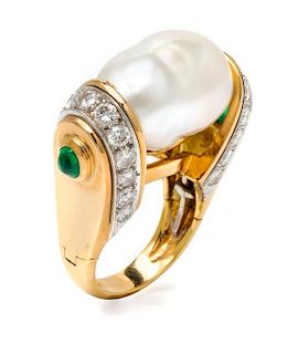 * An 18 Karat Yellow Gold, Platinum, Cultured Baroque Pearl, Diamond and Emerald Ring, David Webb, 15.50 dwts.