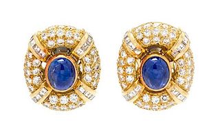 * A Pair of 18 Karat Yellow Gold, Sapphire and Diamond Earclips, Mayor's, 9.75 dwts.