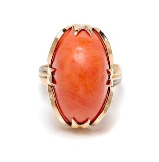 A 14 Karat Yellow Gold, Coral, and Diamond Ring, 16.80 dwts.