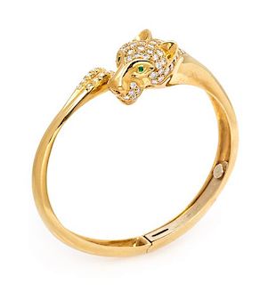 An 18 Karat Yellow Gold, Diamond and Emerald Bypass Panther Bracelet, Italian, 24.50 dwts.