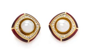 A Pair of 18 Karat Gold, Cultured Pearl, Diamond and Polychome Enamel Earclips, de Vroomen, 27.30 dwts.