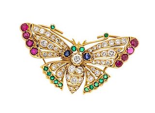 An 18 Karat Yellow Gold, Diamond, Ruby, Sapphire and Emerald Butterfly Pendant/Brooch, British, 7.10 dwts.