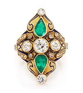 A Yellow Gold, Diamond, Emerald, Seed Pearl and Enamel Ring, 5.50 dwts.