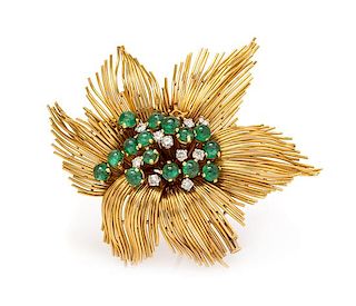 An 18 Karat Yellow Gold, Emerald and Diamond Brooch, French, 20.10 dwts.