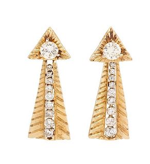 * A Pair of Yellow Gold and Diamond Convertible Day/Night Earrings, 9.40 dwts.