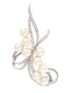 A 14 Karat White Gold, Cultured Pearl, and Diamond Brooch, 14.80 dwts.