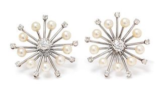 A Pair of White Gold, Diamond and Cultured Pearl Starburst Earrings, 3.45 dwts