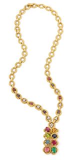 An 18 Karat Yellow Gold, Platinum and Multigem Pendant/Brooch with Convertible Necklace/Bracelet, David Webb, 109.45 dwts.