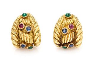 A Pair of 18 Karat Yellow Gold, Sapphire, Emerald and Ruby Earclips, David Webb, 31.50 dwts.