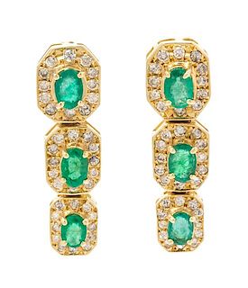 * A Pair of Yellow Gold, Emerald and Diamond Earrings, 5.50 dwts.