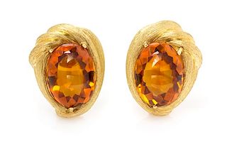A Pair of 18 Karat Gold and Citrine Earclips, Henry Dunay, 23.80 dwts.