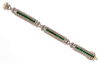 A 14 Karat Bicolor Gold, Emerald and Diamond Bracelet, 25.25 dwts.