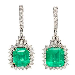 A Pair of 18 Karat Bicolor Gold, Emerald and Diamond Pendant Earclips, 15.60 dwts.