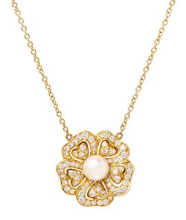 An 18 Karat Yellow Gold, Cultured Pearl and Diamond Floral Motif Necklace, 6.90 dwts.