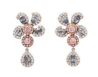 A Pair of Platinum, Rose Gold, Fancy Gray-Blue Colored Diamond, Colored Diamond and Diamond Flower Motif Earrings, 5.10 dwts.