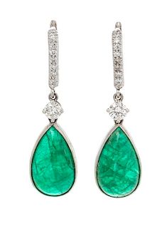 A Pair of 18 Karat White Gold, Emerald and Diamond Drop Earrings, 5.35 dwts.
