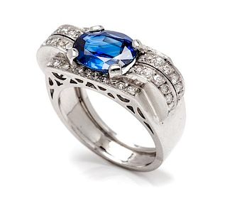 A Retro Platinum, Sapphire and Diamond Ring, French, 6.55 dwts.