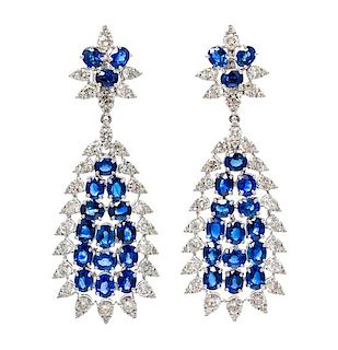A Pair of 18 Karat White Gold, Sapphire and Diamond Pendant Earclips, 18.00 dwts.