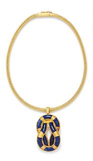 An 18 Karat Yellow Gold and Sodalite 'Hercules Knot' Pendant and Chain, Ilias Lalaounis, Circa 1970's, 41.30 dwts.