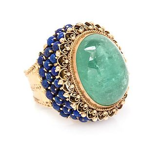 A 14 Karat Yellow Gold, Green Beryl and Lapis Lazuli Ring, 23.60 dwts.