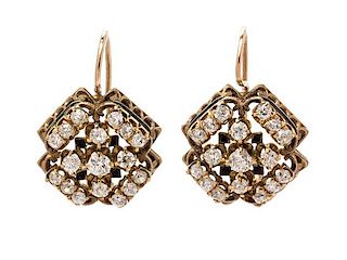 A Pair of Victorian Yellow Gold, Diamond and Enamel Cluster Earrings, 8.10 dwts.