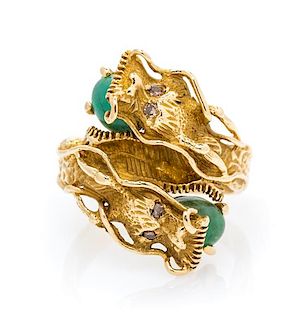 A 14 Karat Yellow Gold, Emerald and Colored Diamond Dragon Motif Ring, 7.50 dwts.