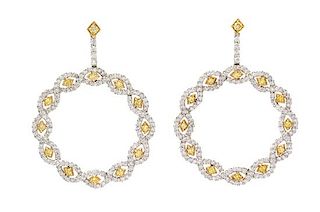 A Pair of Bicolor Gold, Colored Diamond and Diamond Pendant Earrings, 8.60 dwts.