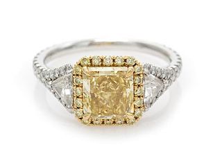 A Platinum, Yellow Gold, Fancy Yellow Diamond, Diamond and Colored Diamond Ring, 4.30 dwts.