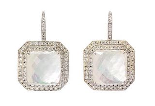A Pair of 18 Karat White Gold, Rock Crystal, Mother-of-Pearl and Diamond Earrings, 8.85 dwts.