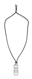 A Steel, 18 Karat White Gold, Diamond and Leather 'Parentesi' Pendant Necklace, Bvlgari, 16.05 dwts. (with cord)