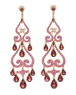 A Pair of 18 Karat Rose Gold, Garnet, Pink Sapphire and Diamond Pendant Earrings, Christopher Danhier, 14.60 dwts.