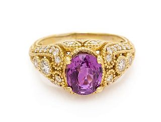An 18 Karat Yellow Gold, Purple-Pink Ceylon Sapphire and Diamond Ring, 4.80 dwts.