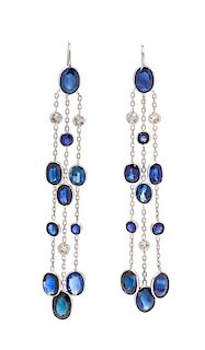 A Pair of White Gold, Sapphire and Diamond Drop Earrings, 4.70 dwts.
