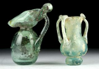 2 Miniature Roman Glass Vessels - Flask + Oinochoe