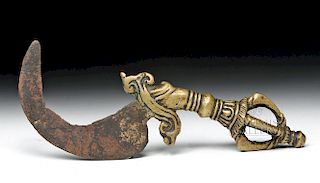 20th C. Tibetan Iron Kartika Knife w/ Bronze Dorje