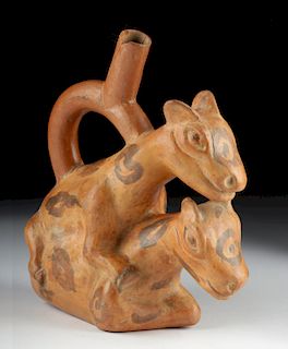 Moche Pottery Stirrup Vessel - Amorous Llamas