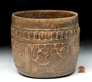 Mayan Carved Brownware Vessel - Lord / Headdress