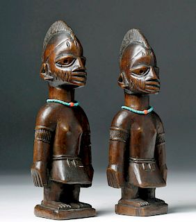 Early 20th C. African Yoruba Wood Ibeji Twins (pr)
