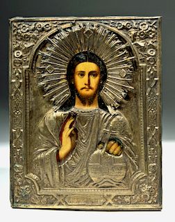 19th C. Russian Icon w/ Brass Riza - Salvator Mundi