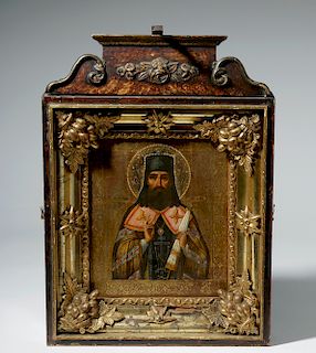 Huge Exhibited 19th C. Russian Icon / Kiot - St. Tikhon