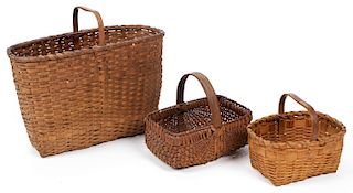 3 Antique Handled Splint Baskets
