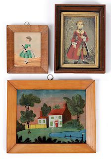 3 Antique American Framed Folk Art Paintings