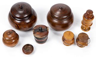 Collection of 8 Antique Turned Wood Containers
