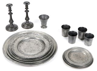 Estate Collection of Pewter Plates, Cups, Candlesticks