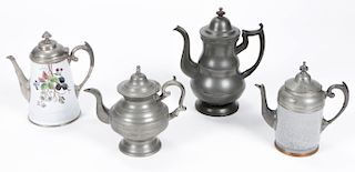 4 Antique Pewter & Porcelain Teapots